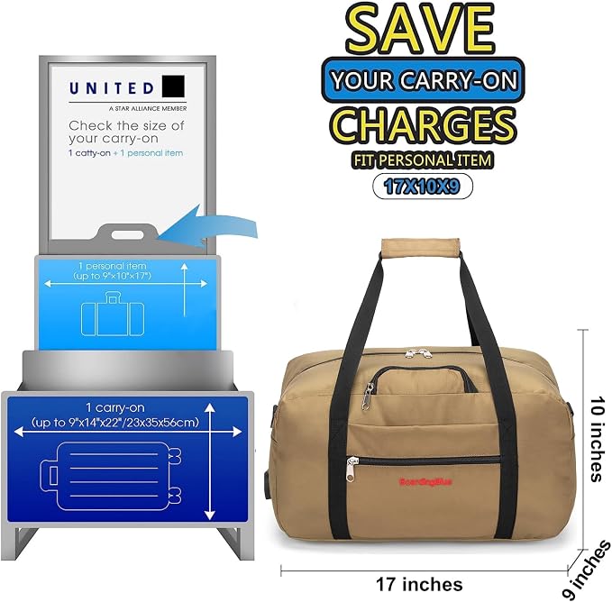 17x10x9 United Airline Personal Item Under Seat Duffel Bag With Free Pillow And USB Port (Beige) - Image 2
