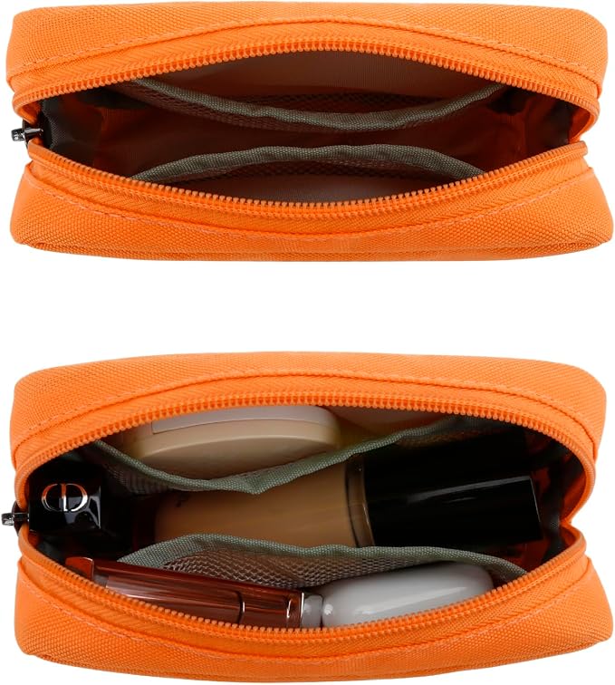 E-Tree Cute Small Makeup Bag,Cosmetic Toiletry Make up Skin Care Little Items Pouch for Purse,Zipper Mini Tech Charger Cable Electronic Organizer Case,Travel Accessories for Women Men Teen,Orange - Image 5