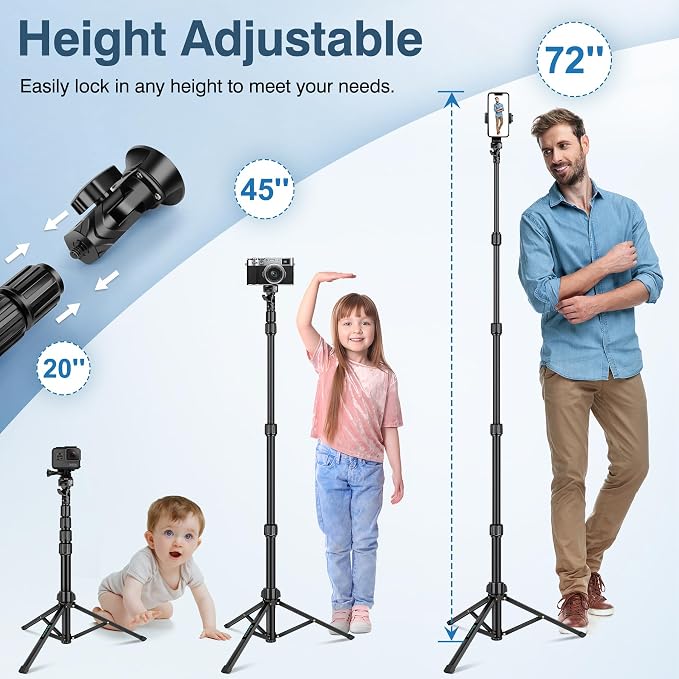 72" Tripod for iPhone, Phone & Camera Travel Tripod Stand with Remote, Compatible with Smartphone/Gopro - Image 2