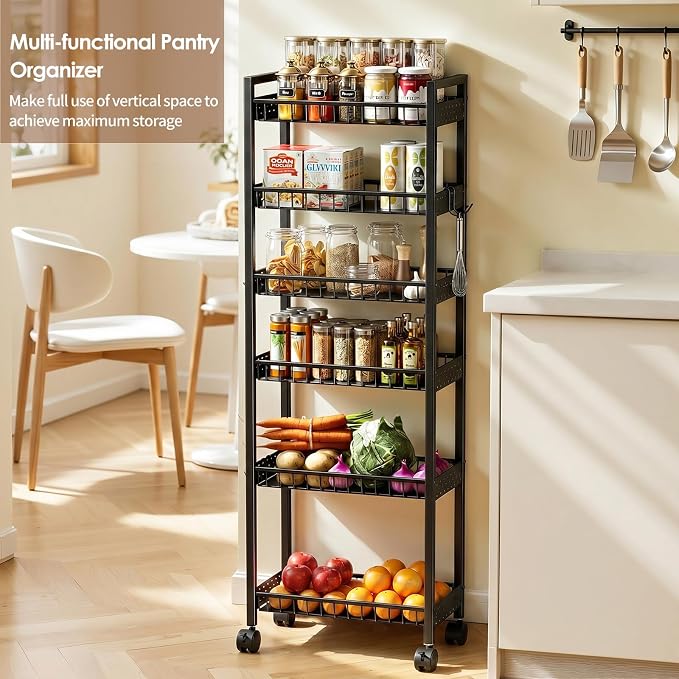 6 Tier Slim Storage Cart, Narrow Rolling Cart with Wheels, 6in(W) | Narrow Mobile Utility Shelf Unit Organizer for Kitchen, Bathroom, Laundry Room, Living Room, Small Places, Black - Image 6
