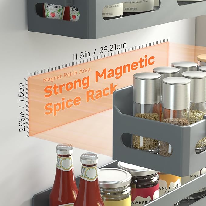 4-Pack Magnetic Spice Rack for Refrigerator with Hooks, Grey | Strong multipurpose magnetic shelf for kitchen & bathroom organization. Includes 4 removable hooks for hanging items. - Image 2
