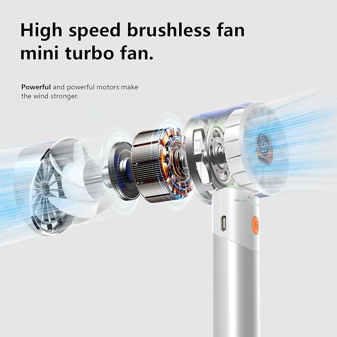 Handheld Fan,Portable Turbo Fan,Powerful Personal Fan(7000rpm High-Speed Motor,Battery Work 3-16 H),USB Rechargeable Mini Handheld Fan for Travel/Outdoor/Gift/Makeup (Silver White) - Image 3
