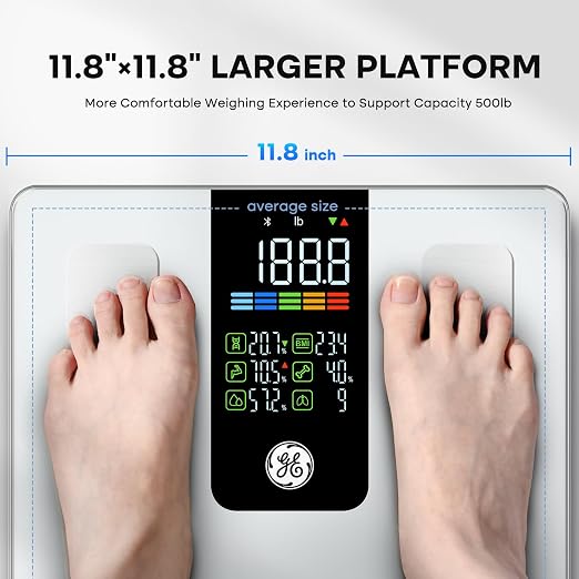 GE Smart Scale for Body Composition, Weight, BMI, 500lb, Large 11.8-Inch | Body Fat Scale with Muscle Mass, Digital Bathroom Weighing Health Monitor, FSA Eligible HSA, Bluetooth App Sync, White - Image 3