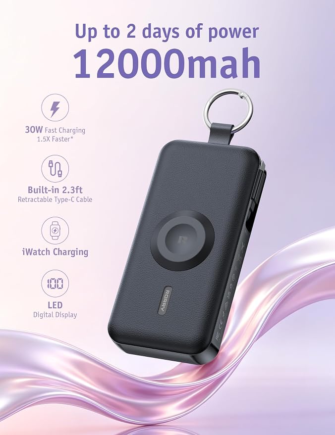 RORRY CharmGo Portable Charger 3 in 1 iPhone Power Bank for Apple 12000mAh | Built-in Retractable Cable Fast Charging Travel Keychain Battery Pack for Apple Watch /iPhone Air/17/16/15/14/13/12 - Image 2