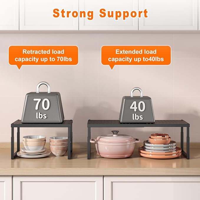 Shelf Organizer Riser For Cabinet Pantry Kitchen Countertop Cupbaord Closet | Expandable Width, Adjustable Height, Stackable As 2-Tier Shelf Rack, Snap-Button: Easily Adjust Height, Heavy Duty Metal - Image 7