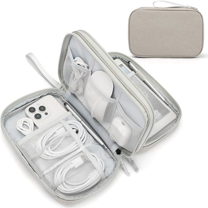 FYY Electronic Organizer, Travel Tech Pouch Bag, Large, Khaki | Wrist Strap, Waterproof, Double Layers Portable Electronics Travel Carrying Case for Cord, Charger, Daily Business Trips Use by FYY