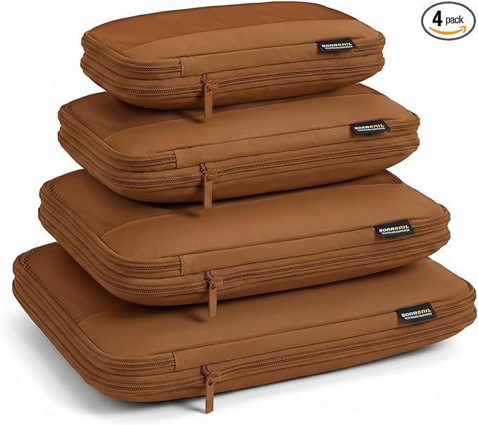 4 Piece Compression Packing Cubes for 3–7 Day Travel, Light Brown | Wrinkle-Resistant Memory Fabric, Breathable Mesh Panel, Double-Zipper, Small to Large Size Bag, Smart Organization by SOARSAIL