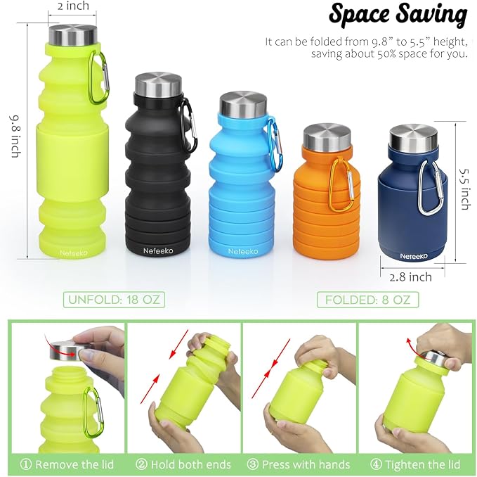 Nefeeko Collapsible Water Bottle, Reuseable BPA Free Silicone Water Bottles | Foldable Water Bottles for Travel Gym Camping Hiking, Portable Leak Proof Sports Water Bottle with Carabiner - Image 2