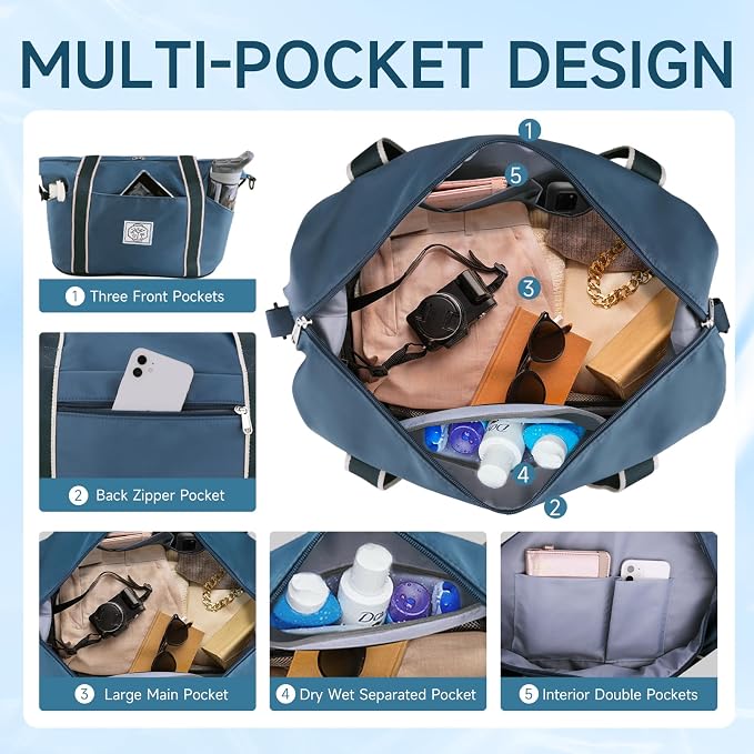 WALNEW Travel Duffel Bag, Weekender Overnight Carry On Bag for Women Men, Foldable Waterproof Gym Luggage with Metal Buckle Detachable Shoulder Strap and Wet Compartment (Peacock Blue) | Overnight Carry On Bag, Foldable Waterproof Gym Luggage with Meta... - Image 4