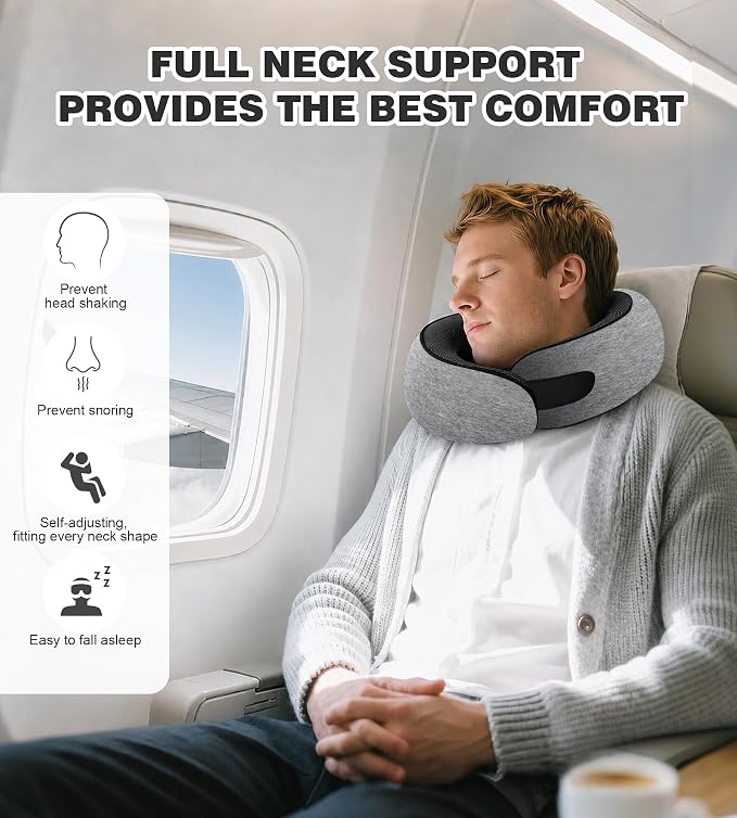 Neck Pillow for Traveling, New Upgraded Travel Neck Pillow, 100% Pure Memory Foam Travel Pillow for Flight Headrest Sleep,Portable Aircraft Accessory,Suitable for use on Plane/Car/Office(Light grey) - Image 7