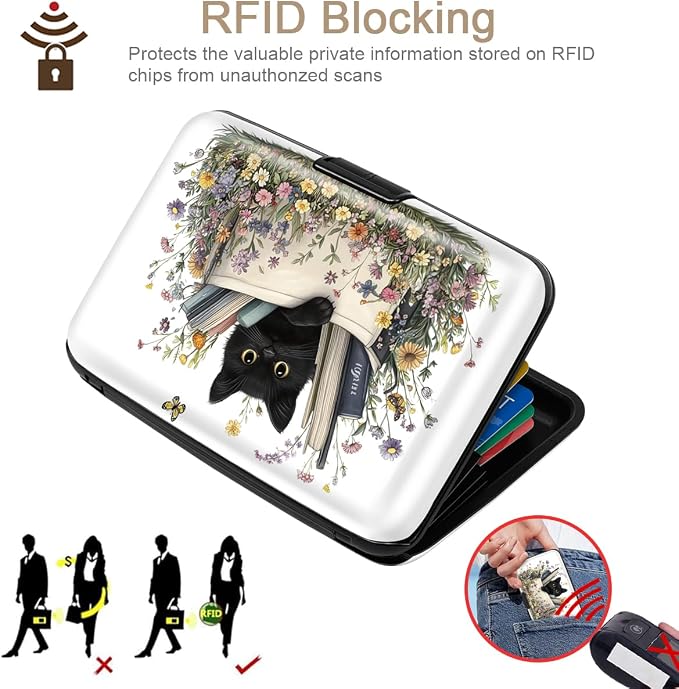 Coco Rossi Credit Card Holder RFID Aluminum Small Mini Wallet Women | Metal Wallet, Business Cards Holder, ID Case, Slim Sleeves, Womens Girls Gift, Carry Proof Wallets for Travel, Cat & Books - Image 5