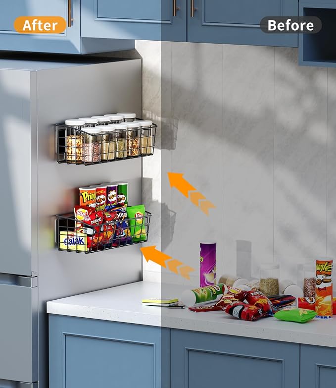 2Pack Magnetic Shelf for Refrigerator with Removable Hooks(Black) | Strong Magnetic Spice Rack for Kitchen Storage, Fruit Potato Onion Storage Shelves, Large Magnetic Basket Organizer - Image 2
