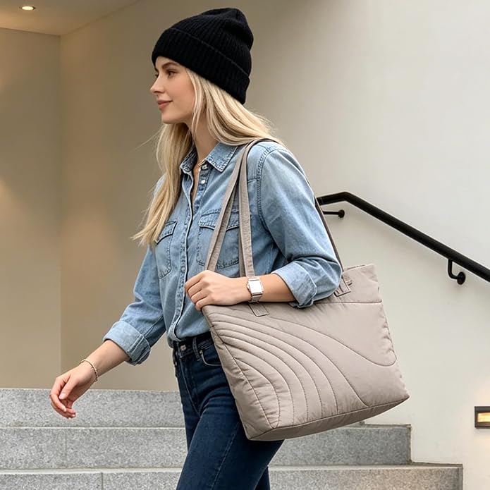 Quilted PufferTote Bag for Women with Wallet,0.741bs Lightweight Large Capacity Handbag for Travel,Work,Gym,Daily - Image 2