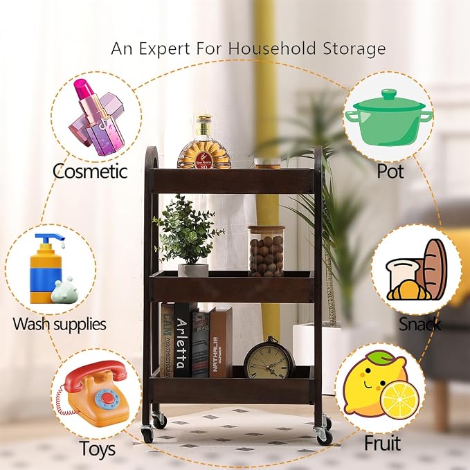 3 Tier Rolling Craft Cart Slim Rolling Storage Cart Wooden Cart on Wheels Bathroom Organizer Rolling Utility Cart Mobile Shelving Unit for Kitchen Bathroom Laundry Narrow Places (Black) - Image 3