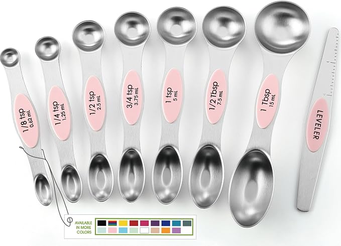 Spring Chef Stainless Steel 8 Magnetic Measuring Spoons Set, Pink Lemonade | Dual Sided Metal Teaspoon & Tablespoon Measuring Spoons with Leveler for Dry & Liquid Ingredients, Fits in Kitchen Spice Jars by SpringChef