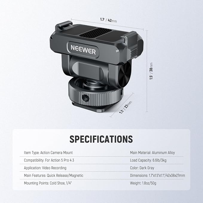 NEEWER Magnetic Mount Accessories Compatible with DJI Osmo 360 / Action 5 Pro / 4/3, Quick Release 160° Tilt Action Camera Adapter Mount with Cold Shoe, 1/4" Thread, AC012 Dark Gray - Image 3