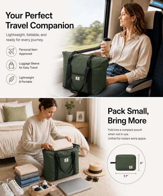 Foldable Travel Bag, 26L Duffle Bag for Travel, Expandable Second Carry-On Bag for Travel & Shopping, Water-Resistant Personal Item Bag, Olive Green - Image 6