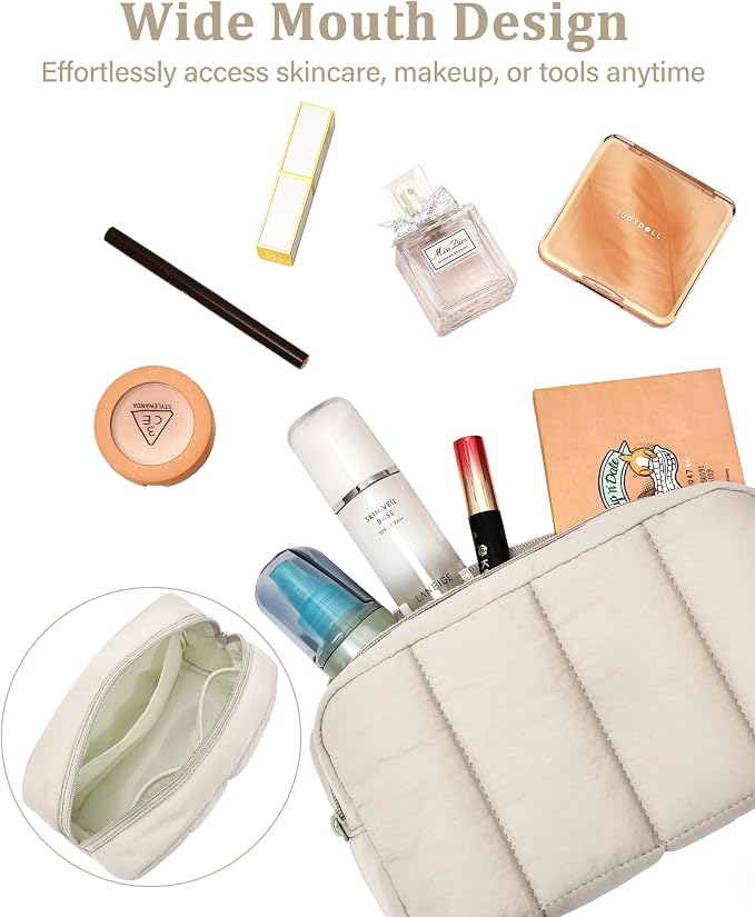 2 Pcs Makeup Bag Travel Toiletry Bag for Women Puffy Padded Cosmetic Pouch Purse Wide-open Makeup Organizer Case Travel Essentials - Image 5