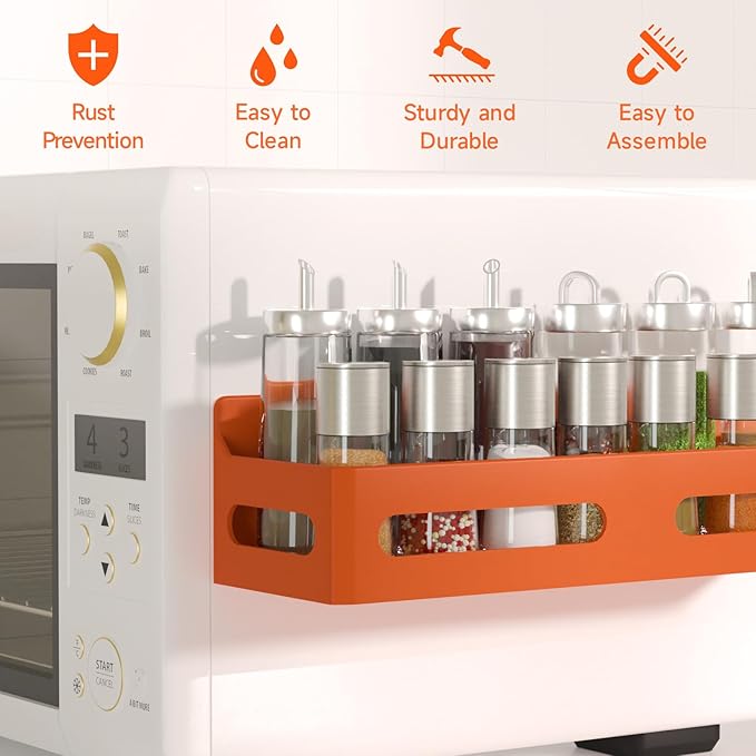 4-Pack Magnetic Spice Rack for Refrigerator with Hooks, Orange | Strong multipurpose magnetic shelf for kitchen & bathroom organization. Includes 4 removable hooks for hanging items. - Image 5