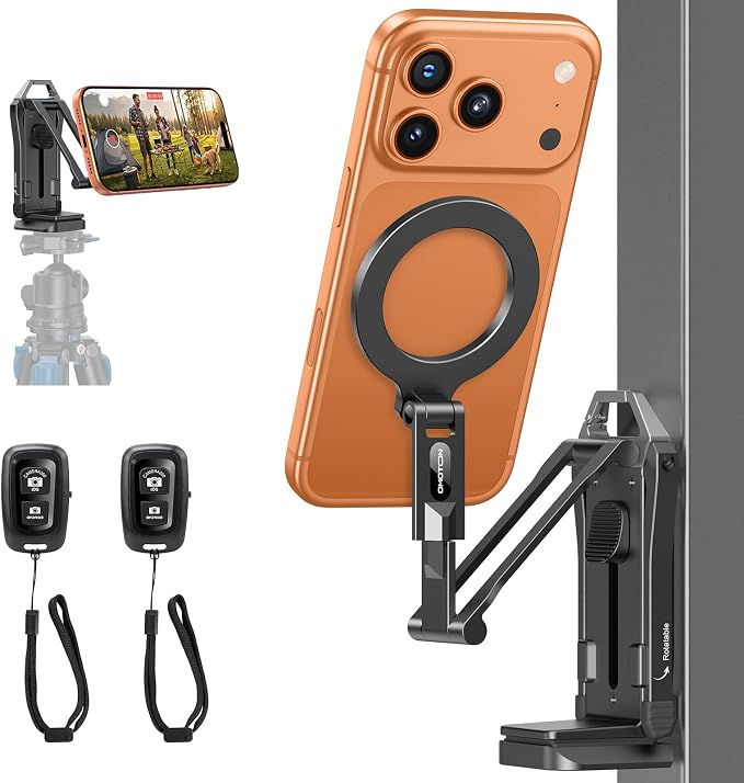 OMOTON TP02-Pro-BK, Basic Vlogging Kit: Dual-Sided Magnetic Phone Mount with 2 Bluetooth Remotes | Arca-type Base with a 1/4" Screw Hole, Selfie Stick with Rear Attachment Ring, for iPhone 12-17 Series, Gym Kitchen Travel by OMOTON
