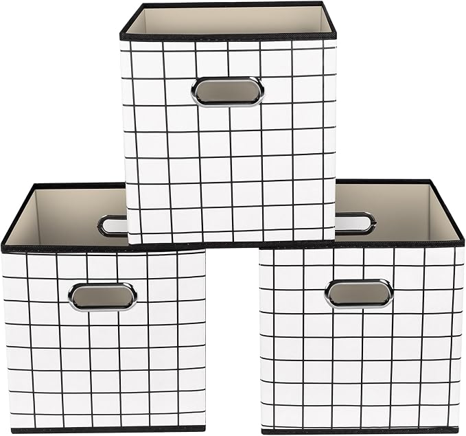 Yunkeeeper storage bins Cubes, Fabric Cube Organizer with Handle, Foldable Cube Bins for Cloth or Accessary Storage, 11x11x11, Set of 3,(White grid) by Yunkeeper
