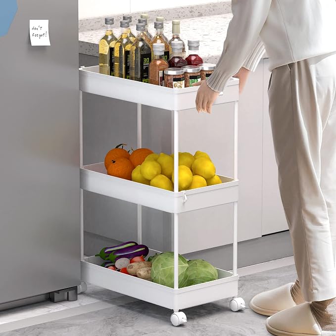 3 Tier Rolling Cart with Wheels, Storage Craft Art Trolley Organizer Serving, 3 Hanging Baskets Easy Assembly, for Office, Bathroom，Living Room, Kitchen, White - Image 5
