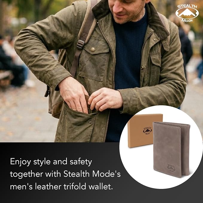 Stealth Mode Trifold Leather Wallet for Men with RFID Blocking (Grey) | Top Grain Napa Leather, 9 Card Slots, ID Window, Gift Box – Gift for Dad, Husband, or Son - Image 6