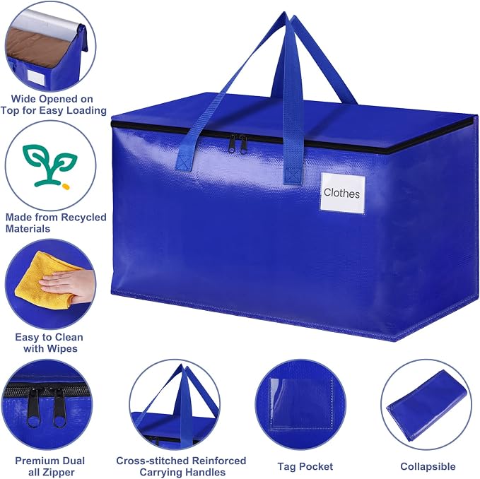 StorageRight Moving Bags, Moving Boxes, 93L 6-Pack Sotrage Bags Totes, Blue | Heavy Duty Storage Bins with Lids, Zipper, Reinforced Handles, Tag Pocket, Foldable Moving Supplies for Collge, Dorm,Travel - Image 3