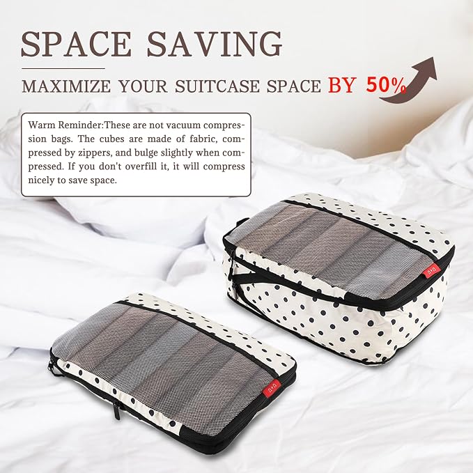 U+U 6 Set Compression Packing Cubes, Travel Organizers (Polka Dot) | Space-Saving & Drawstring Bag Included - Image 5