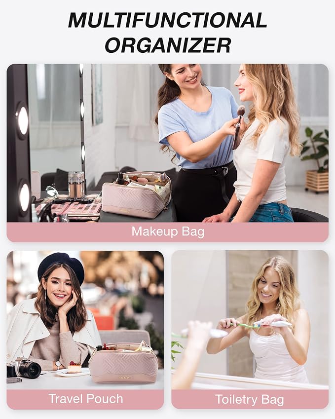 BAGSMART Makeup Bag Cosmetic Bag, Travel Makeup Bag,Water-resistent Makeup Bags for Women Portable Pouch Open Flat Make Up Organizer Bag for Toiletries, Brushes, Pink - Image 6
