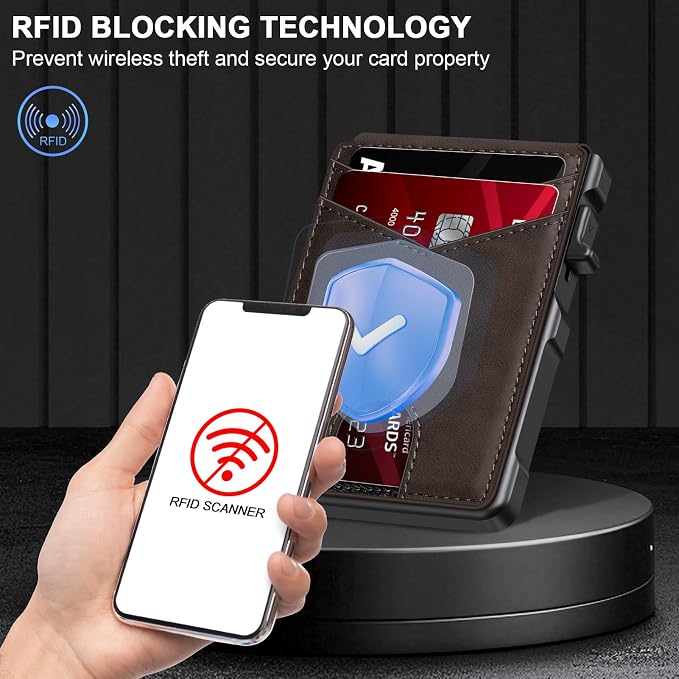 Airtag Wallet for Men, Mens Smart Wallet for Air Tag RFID Blocking, Minimalist Bifold Pop Up Aluminum Credit Card Case Holder 12+ Cards with ID Window, Gift for Men, No Airtag Included, Coffee Brown - Image 3