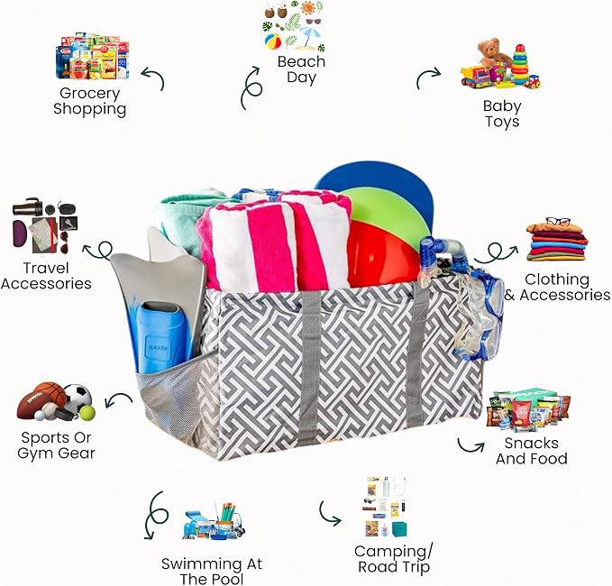 Extra Large Utility Tote Bag, Oversized Collapsible Reusable Wire Frame Rectangular Canvas Basket With Two Exterior Pockets For Beach, Pool, Laundry, Car Trunk, Storage - Geo Grey - Image 3
