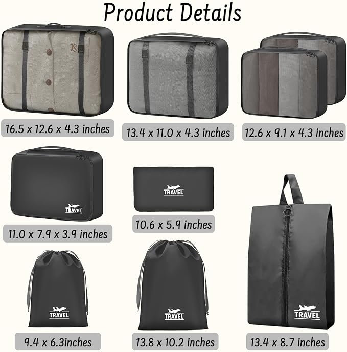 9 Set Packing Cubes for Travel Essentials - Lightweight Carry-On Luggage Organizer Bags with Shoe, Clothes & Laundry Bags for Airplane, Family & Business Travel, Black - Image 2