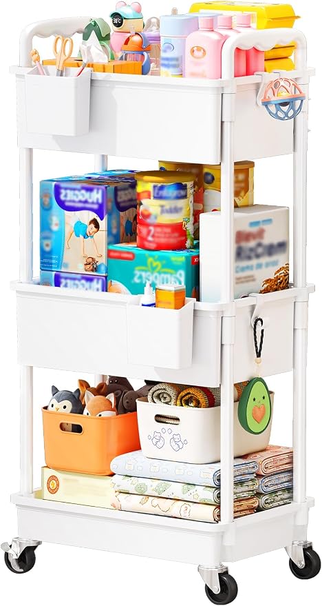 SUNALLY Baby Diaper Caddy Cart,3 Tier Rolling Diaper Cart for Nursery,White | Large Capacity & Easy Assemble Diaper Storage Organizer with Lockable Wheels for Newborn, New Mom, Baby Girl Boy Essentials by SUNALLY