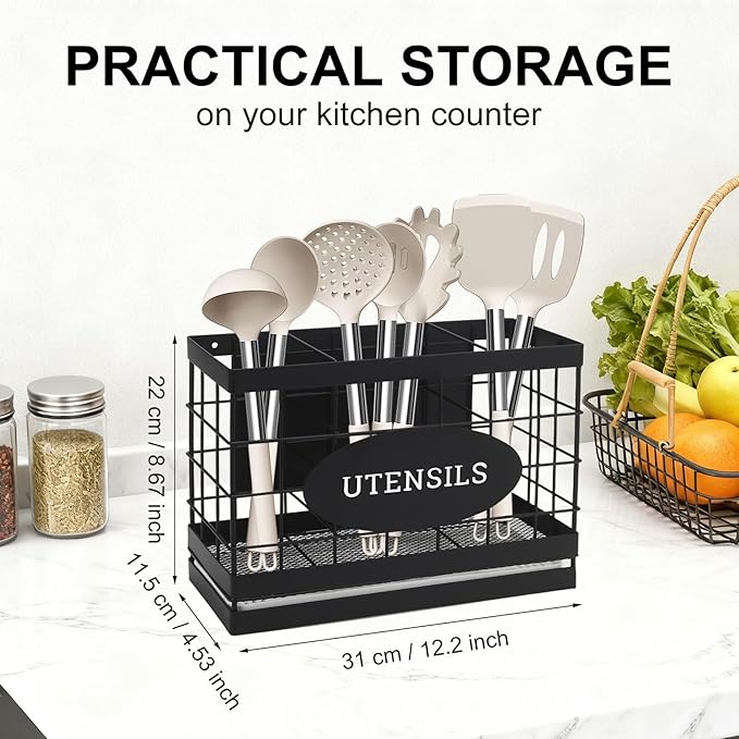 Magnetic Utensil Holder for Fridge Large Silverware Organizer Kitchen Utensil Organizer with Draining Kitchen Counter Sturdy Black Metal Cooking Caddy Storage for Silicone Spatula Fork Spoon - Image 2