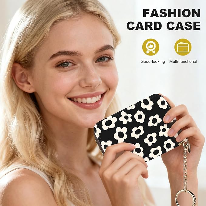 Credit Card Holder for Women,Small Rfid Wallet with Keychain Zipper,Cute PU Leather Card Case Wallet，Accordion Credit Card Wallets Gift,Beige Flower - Image 6