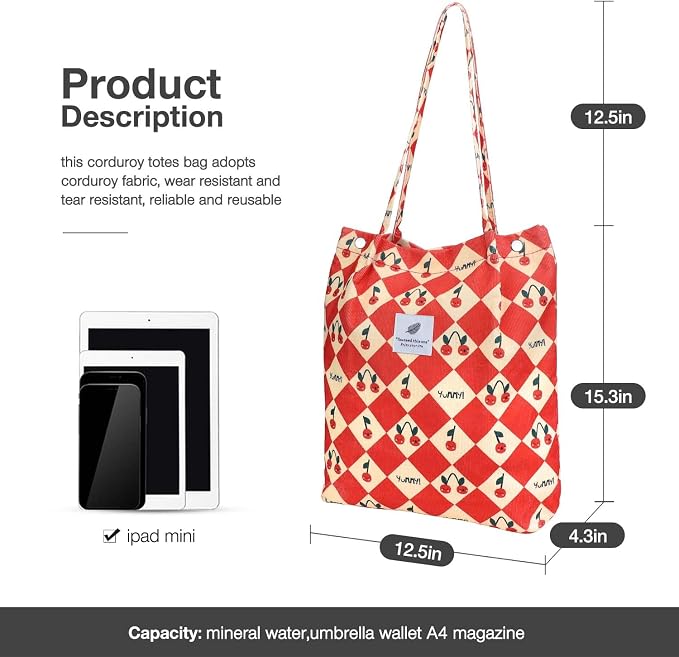 LHMTQVK Corduroy Tote Bags for Women, Large Capacity Tote Purse Reusable Grocery Shoulder Bag with Inner Pockets - Image 3