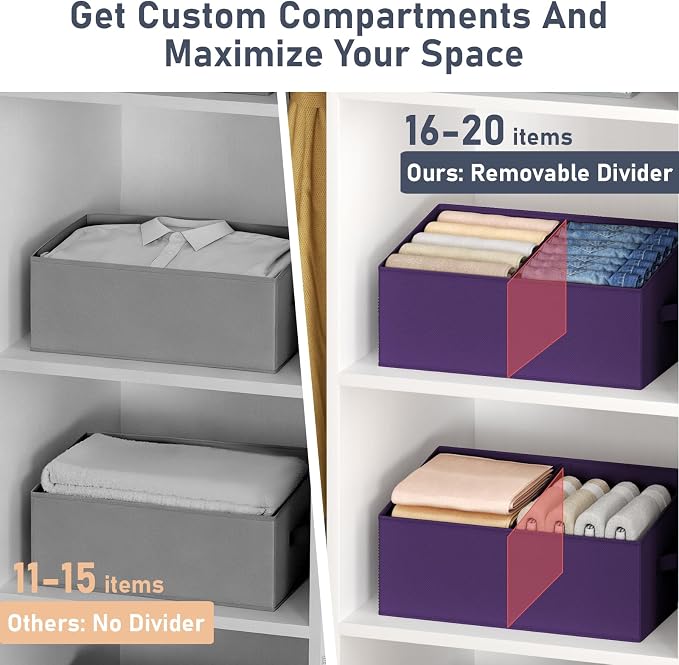 DIMJ Large Closet Shelf Organizer Bins 6 Packs with Handles and Divider, Fabric Trapezoid Storage Baskets, Foldable Clothes Containers Box for Shelf, Towel, Book, Toy, Purse, Hats, Purple - Image 2