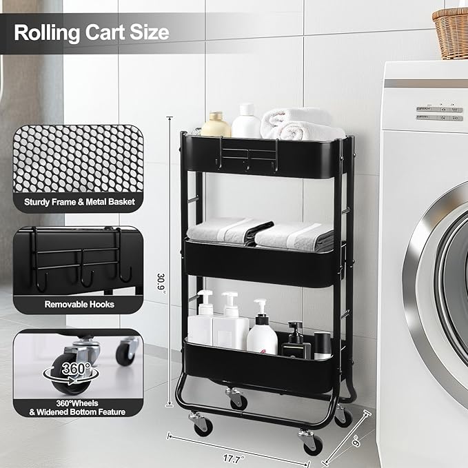 MAX Houser Slim 3-Tier Rolling Utility Cart with Extra Hook, Black | Narrow Metal Bathroom Storage Multifunctional Organizer Carts with Wheels with Extra Hook, Laundry Room,Kitchen,Small Space - Image 2