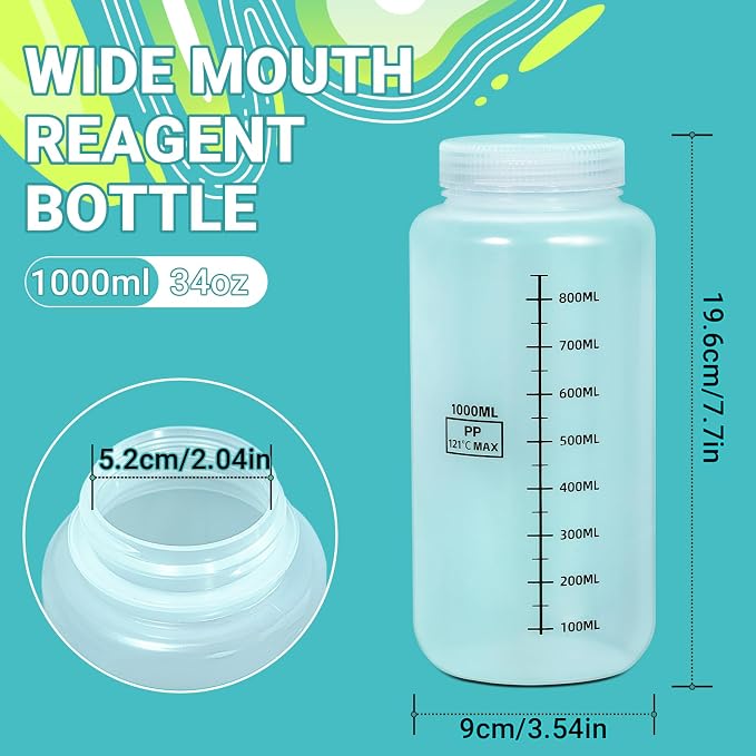 34oz/1000ml Wide Mouth Plastic Bottles with Airtight Lids, Graduated Food Grade Leak Proof PP Containers Jars for Water Sample Lab Reagent Liquid Medicine Storage (Transparent, 3 Pcs) - Image 2