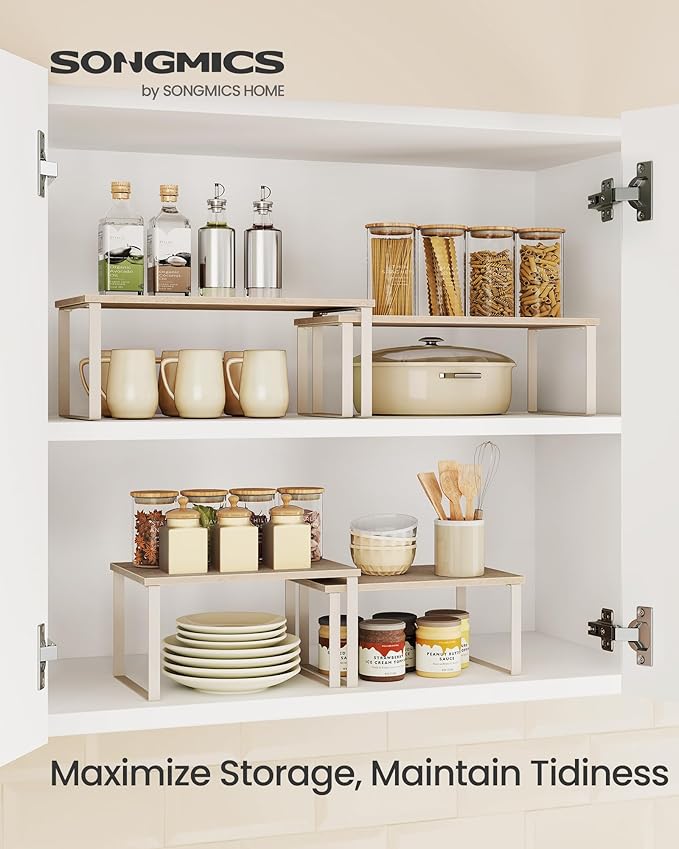 SONGMICS Cabinet Organizer Shelf, Set of 2 Spice Rack, Kitchen Storage | Kitchen Counter Storage Spice Rack, Particleboard, Steel, Travertine Beige and Cream White, BYSTRO Collection UKCS020L01 - Image 2
