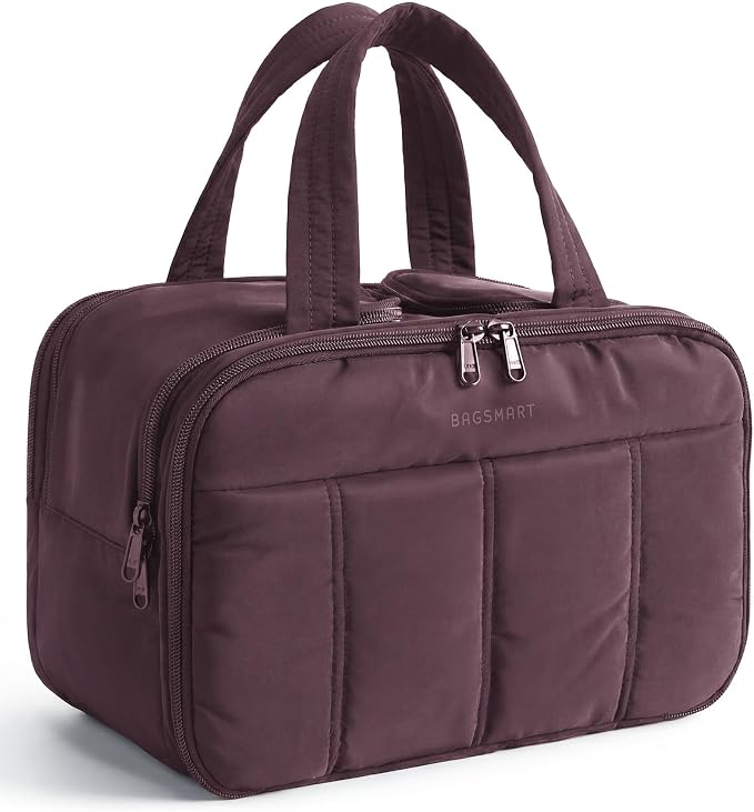 BAGSMART Travel Toiletry Bag, Puffy Large Toiletry Bag for Women, Lightweight Cosmetic Makeup Bag Organizer with Handle for Traveling, Accessories, Essentials, Toiletries (Black Purple) by BAGSMART