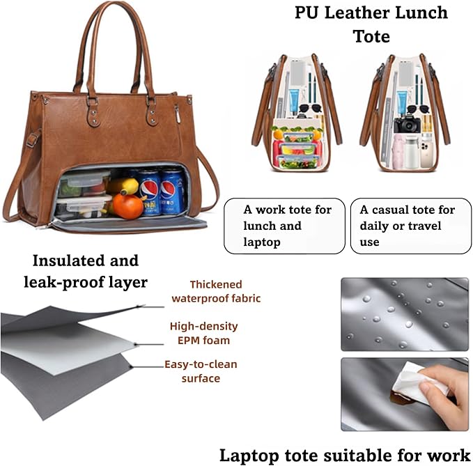 Laptop Tote Bag for Women with Lunch Compartment, Quilted Work Bag Fits 15.6 Inch Laptop, Large Office Tote for Daily Commute - Image 3