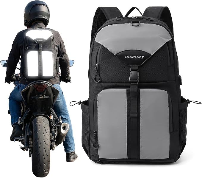 Oumurs Reflective Motorcycle Helmet Backpack, 35L Riding Backpack with Hidden Helmet Net, Hi-Vis Commuter Bag, 1680D Water-Resistant Travel Backpack with Laptop Compartment, Ventilated Back by OUMURS