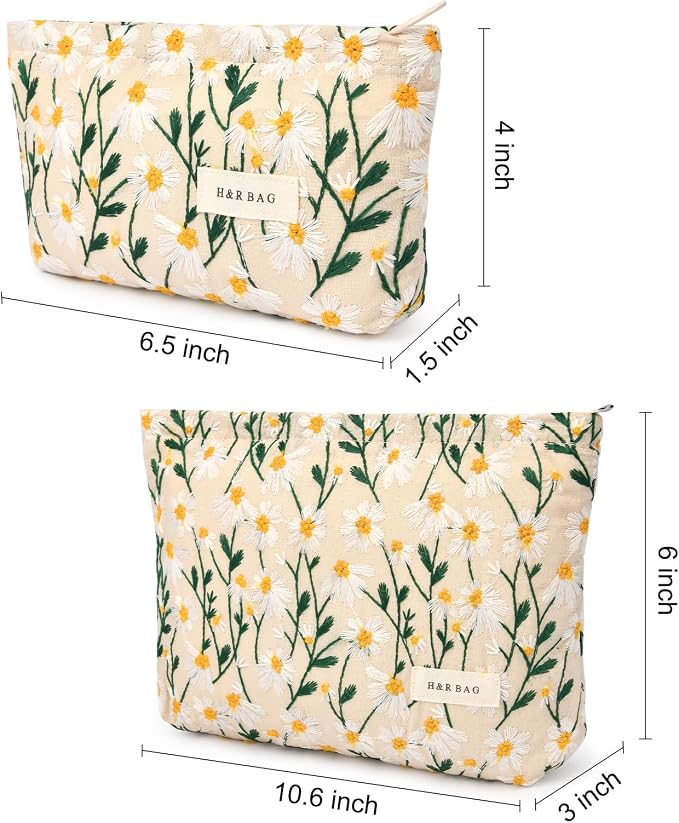 SOIDRAM 2 Pcs Makeup Bag Large Cosmetic Bag Toiletry Bag Makeup Pouch Travel Bag Organizer Cute Makeup Brushes Aesthetic Accessories Storage Bag for Women Daisy Embroidery - Image 4