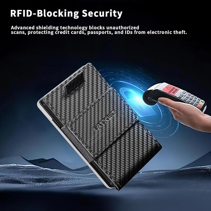 Wallet for Men Slim Pull Tab Metal RFID Blocking Credit Card Holder with ID Window & Cash Strap - Compact Front Pocket Design Holds 1-10 Cards (3.62x2.36x0.47in) (Carbon) - Image 3
