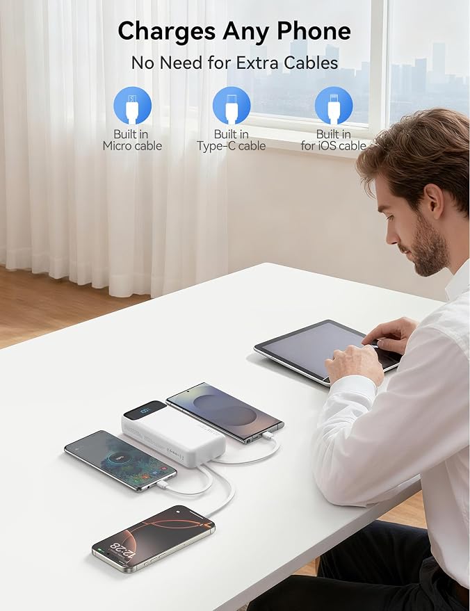 Nusyddy Portable Charger 20000mAh 22.5W w/4 Built-in Cables/6 Outputs White | 22.5W Fast Charging, LED Display, Pass Through Charging, Charge 6 Devices at once, TSA Approved, Fits iPhone, iPad, Samsung - Image 7