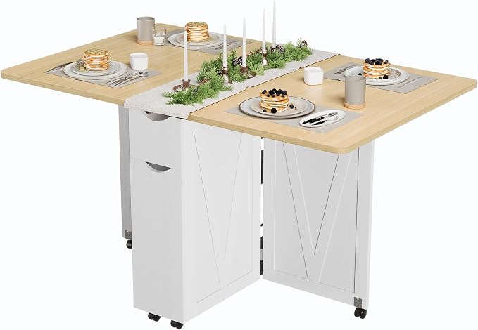 Garvee Folding Dining Table with Storage, Folding Kitchen Table with 6 Wheels, Drawer & Shelves, Compact Dining Table for Small Spaces - Image 7