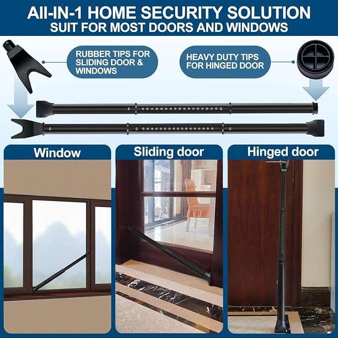 Rerishom 2 Pack Door Security Bar, Heavy Duty Door Stopper Jammer | Locking Security Bar for Door, Adjustable Home Security Barricade for Apartment, Hotel Room and Screen Door - Image 3