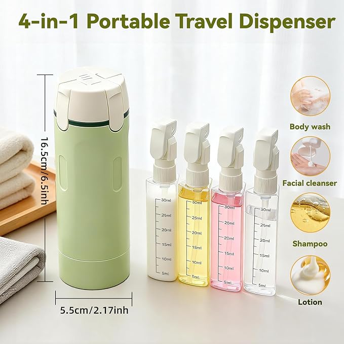 4 in 1 Travel Dispenser Bottle with Cleaning Brush,4 Pack 30ml Leak Proof Refillable Travel Size Toiletries Containers for Shampoo Conditioner,Portable Travel Bottles Set for Vacation Camping & Gym - Image 2
